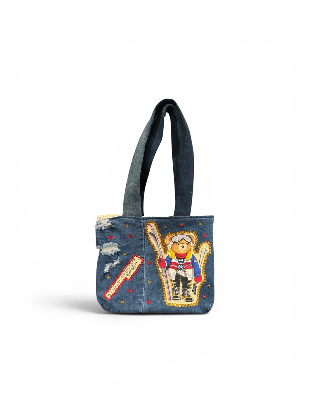 Handmade Denim Polo Bear Ski Tote Bag with Embellishments